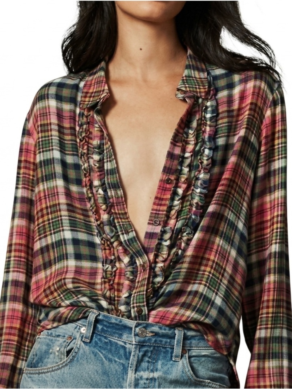Pilcro Long-Sleeve Tuxedo Ruffle Buttondown Shirt (Pink Combo Plaid)